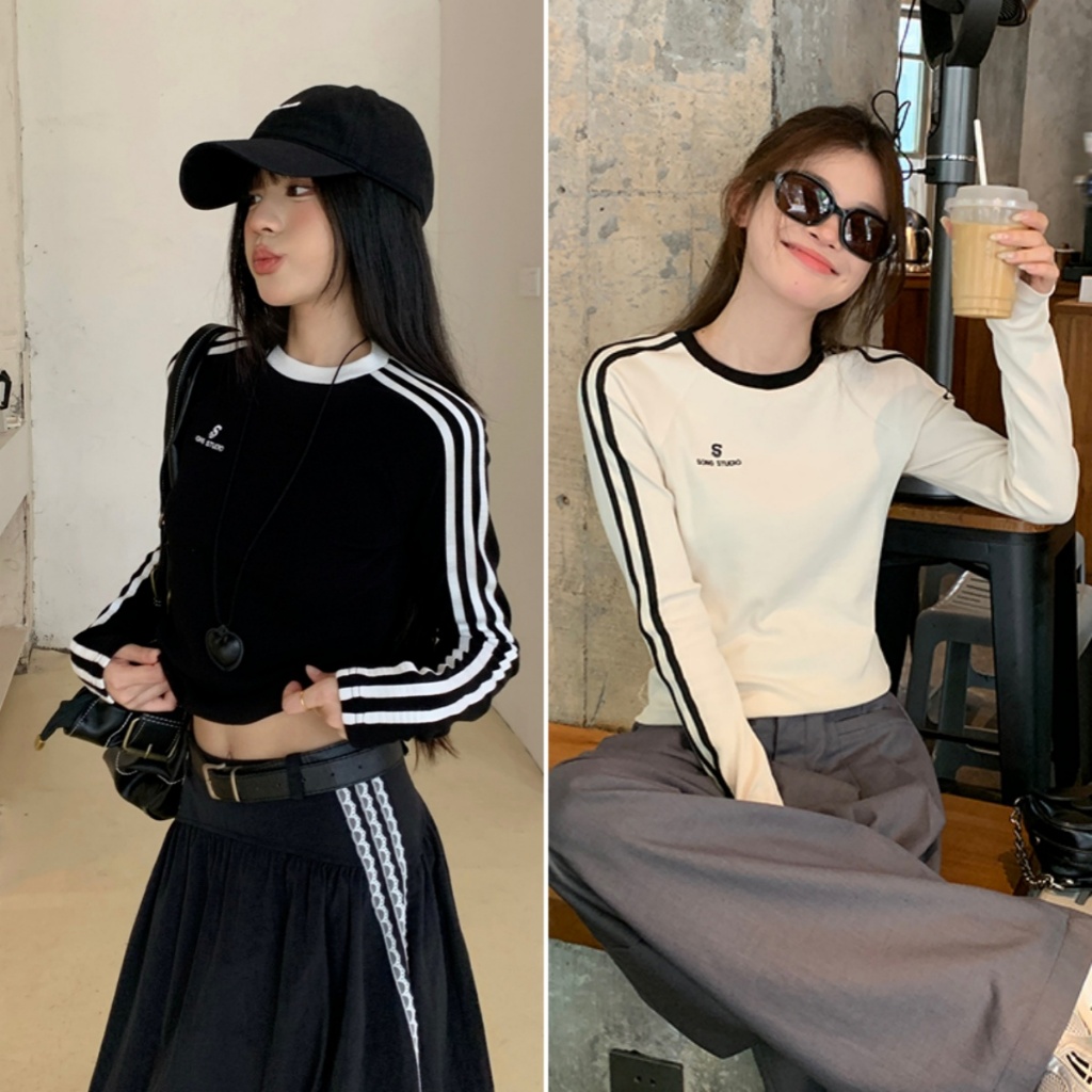 Beryl เสื้อยืดลายทางตัดกัน เสื้อยืดแขนยาวคอกลมสีทึบของผู้หญิง ลำลองและหลวม ใหม่และทันสมัย