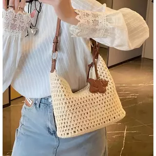 B214)กระเป๋าเกาหลีใหม่ กระเป๋าสาน กระเป๋าผู้หญิง สินค้าฮิต มีจี้ เชือกฝ้ายถักโครเชต์ งานฝีมือประณีต(จัดส่งจากกรุงเทพ)