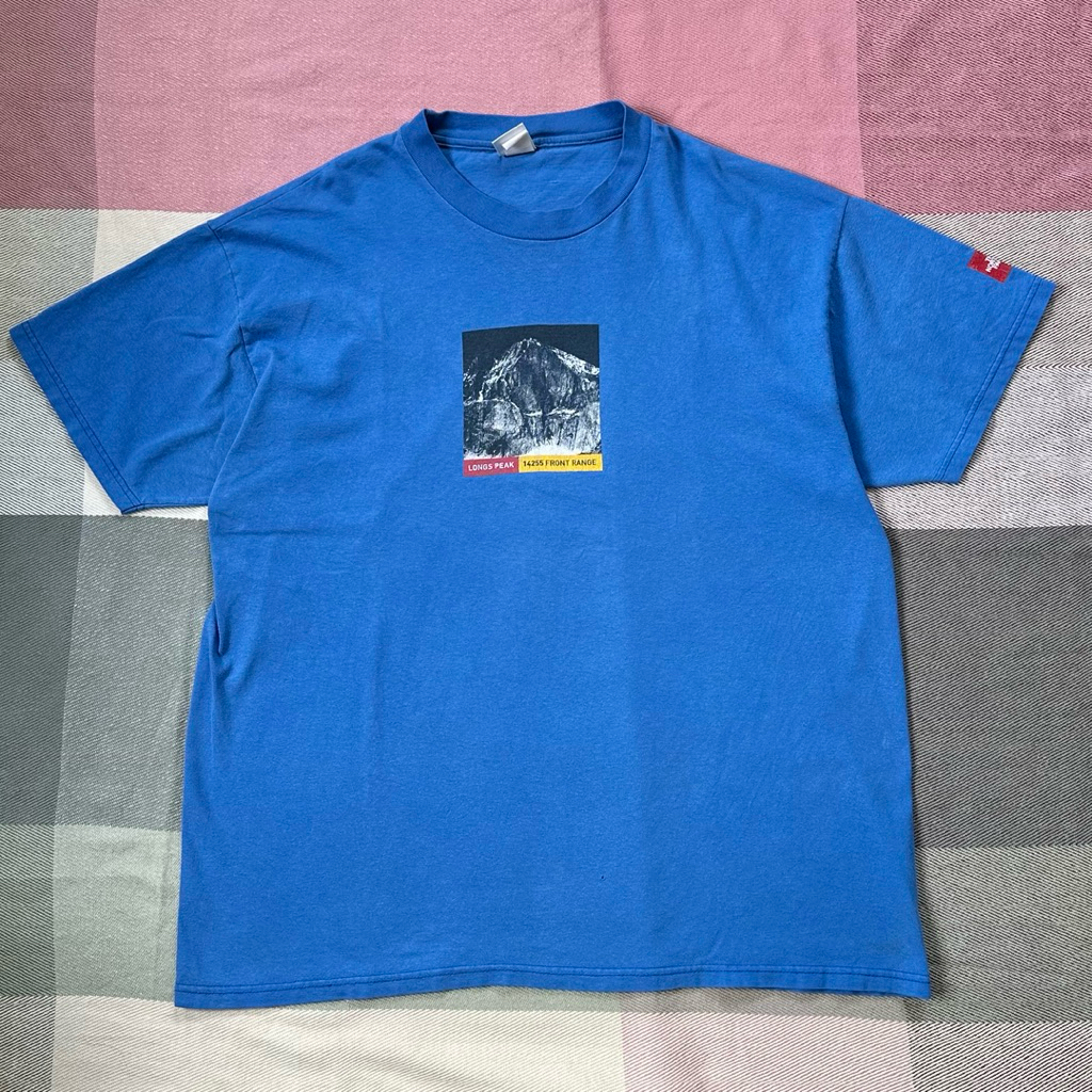 เสื้อยืด the north face ลายภูเขา เดอะ นอท เฟส สีน้ำเงิน ป้ายคอ แท้ มือสอง (Size XL)