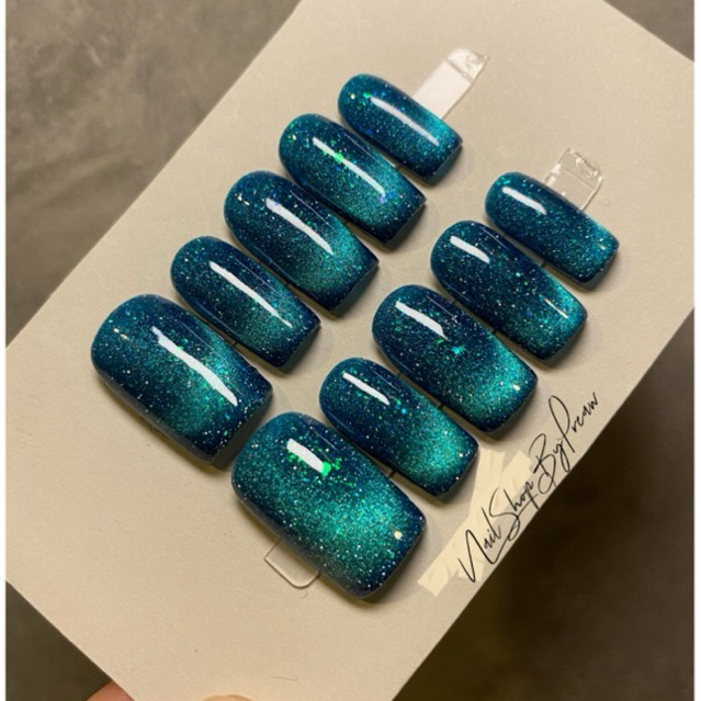 เล็บปลอม เล็บมือเจลแท้ สีลูกแก้วแฟลชฟ้าน้ำทะเลGalaxy เล็บปลอมสำเร็จรูป 📌ฟรีกาว+ตะไบทุกชุด📌 handmade (จัดส่ง1-2วัน)