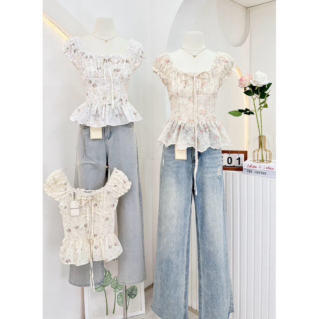 NN703 เสื้อครอปแขนตุ๊กตาลายดอกไม้ผ้าปักฉลุ Peekanong🌷