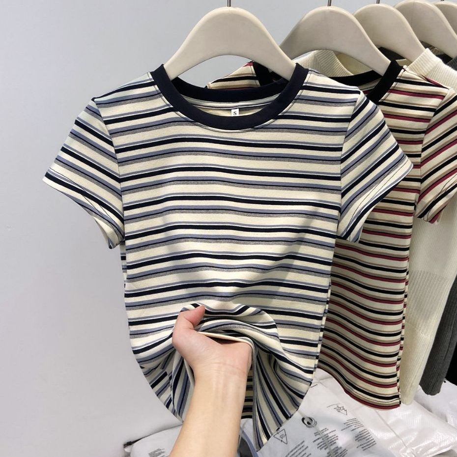 Y6Y - เสื้อยืดแขนสั้นลายทางสไตล์เกาหลี เสื้อครอปเข้ารูปคุณภาพสูงสำหรับผู้หญิง