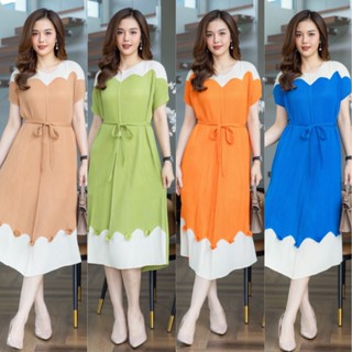 Cutie Minute PD017525  เดรสผ้าอัดพลีทลายกระดูกงู สีพื้นเรียบ…