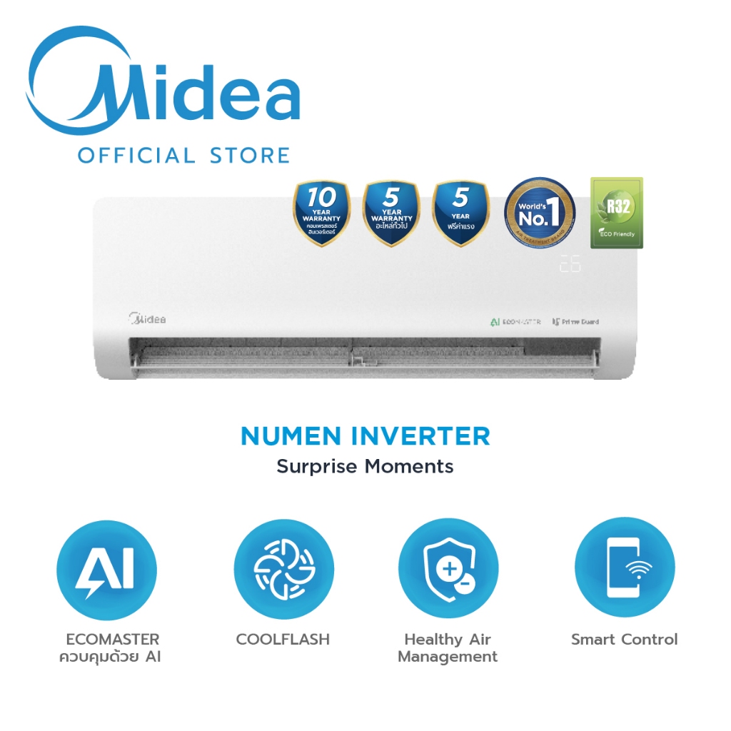 Midea แอร์ติดผนัง Inverter รุ่น Numen  ขนาด 9000-24000 BTU ประหยัดไฟเบอร์ 5, AI ECOMASTER, WIFI