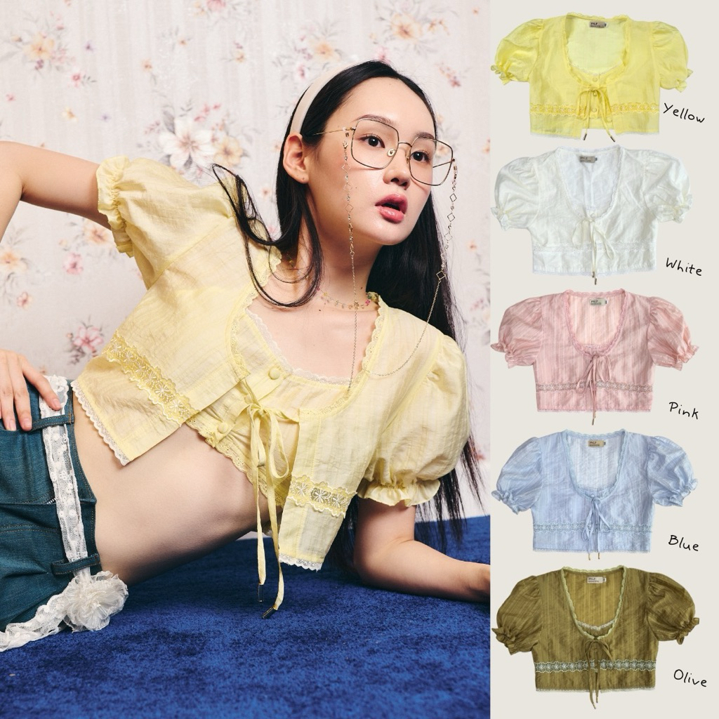 MIKALE LACE TOP(Blue/Pink/Cream/Olive)เสื้อลูกไม้แขนตุ๊กตา