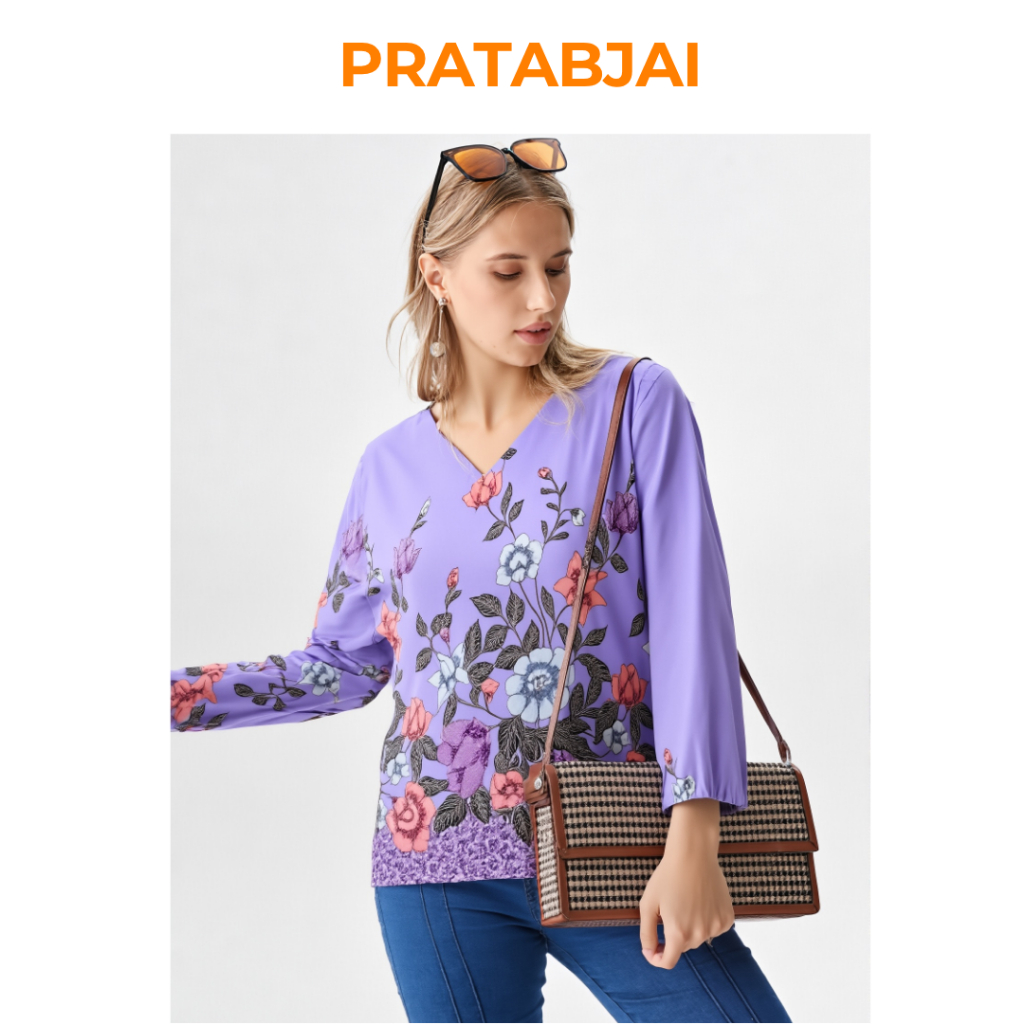 ประทับใจปาเต๊ะ [แบรนด์ไทย] เสื้อคอวีแขนยาวปาเต๊ะผู้หญิง ผ้าไทย เสื้อคอวีลายปาเต๊ะ (054)