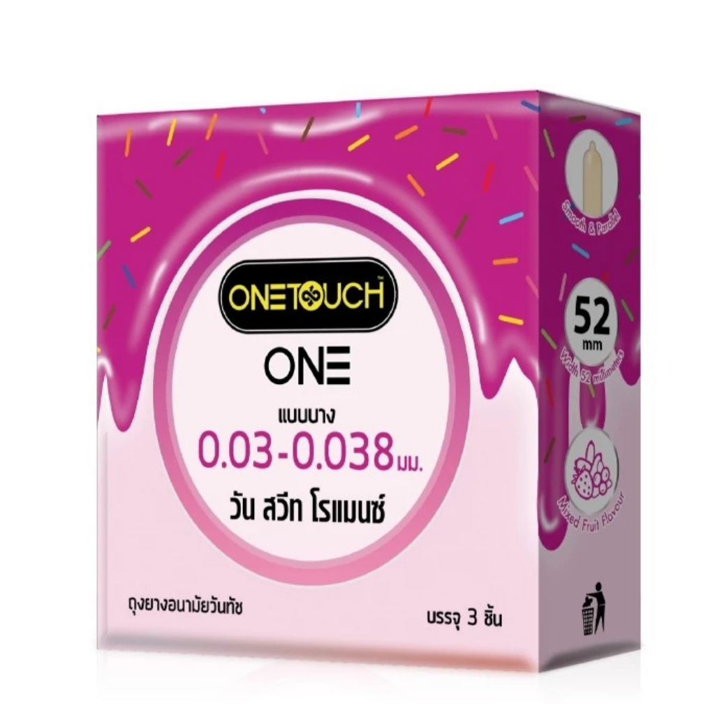 ลดเพิ่ม 30%   Onetouch ถุงยางอนามัย รุ่น วัน Sweet Romance กลิ่นวานิลา-แคนดี้ (ผลไม้รวม) ขนาด 52 มม. บรรจุ 3 ชิ้น/กล่อง
