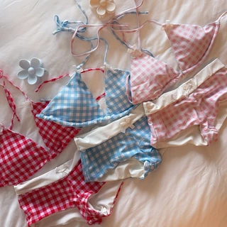 ส่งไวจากไทย ชุดว่ายน้ำผู้หญิง บิกินี่ ลายสก็อต bikini sexy ทูพีช เว้าหลัง มีฟองน้ำ#0962