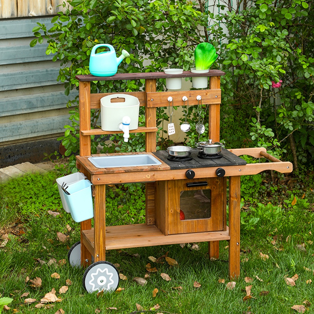 ครัวไม้เด็ก ชุดครัว ชุดเชฟ ของเล่นไม้ Outdoor multifunctional cooking and gardening set with roller