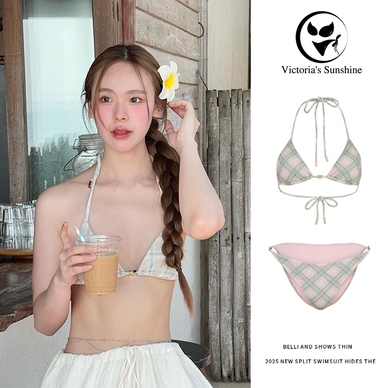 ส่งไวจากไทย บิกินี่ทูพีช ลายสก็อต bikini sexy ผูกคอ เว้าหลัง beach#0939