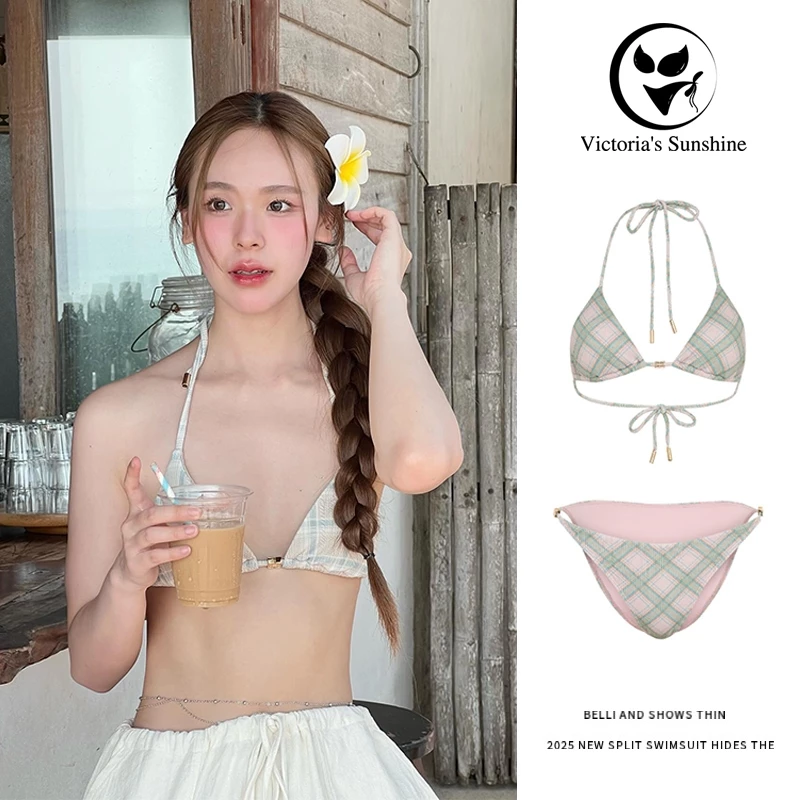 ส่งไวจากไทย บิกินี่ทูพีช ลายสก็อต bikini sexy ผูกคอ เว้าหลัง beach#0939
