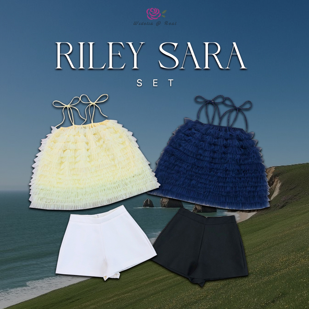 Riley Sara Set ชุดเซ็ท 2 ชิ้น เสื้อสายเดี่ยวผ้าตาข่ายเนื้อนิ่มแต่งระบายเป็นชั้นๆ สายเชือกผูกโบว์+กาง