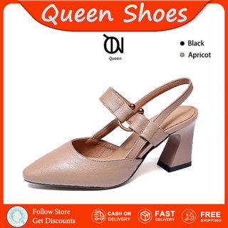 Queen รองเท้าส้นสูง สไตล์ฤดูร้อน รองเท้าแตะปิดนิ้วเท้า ส้นกล…