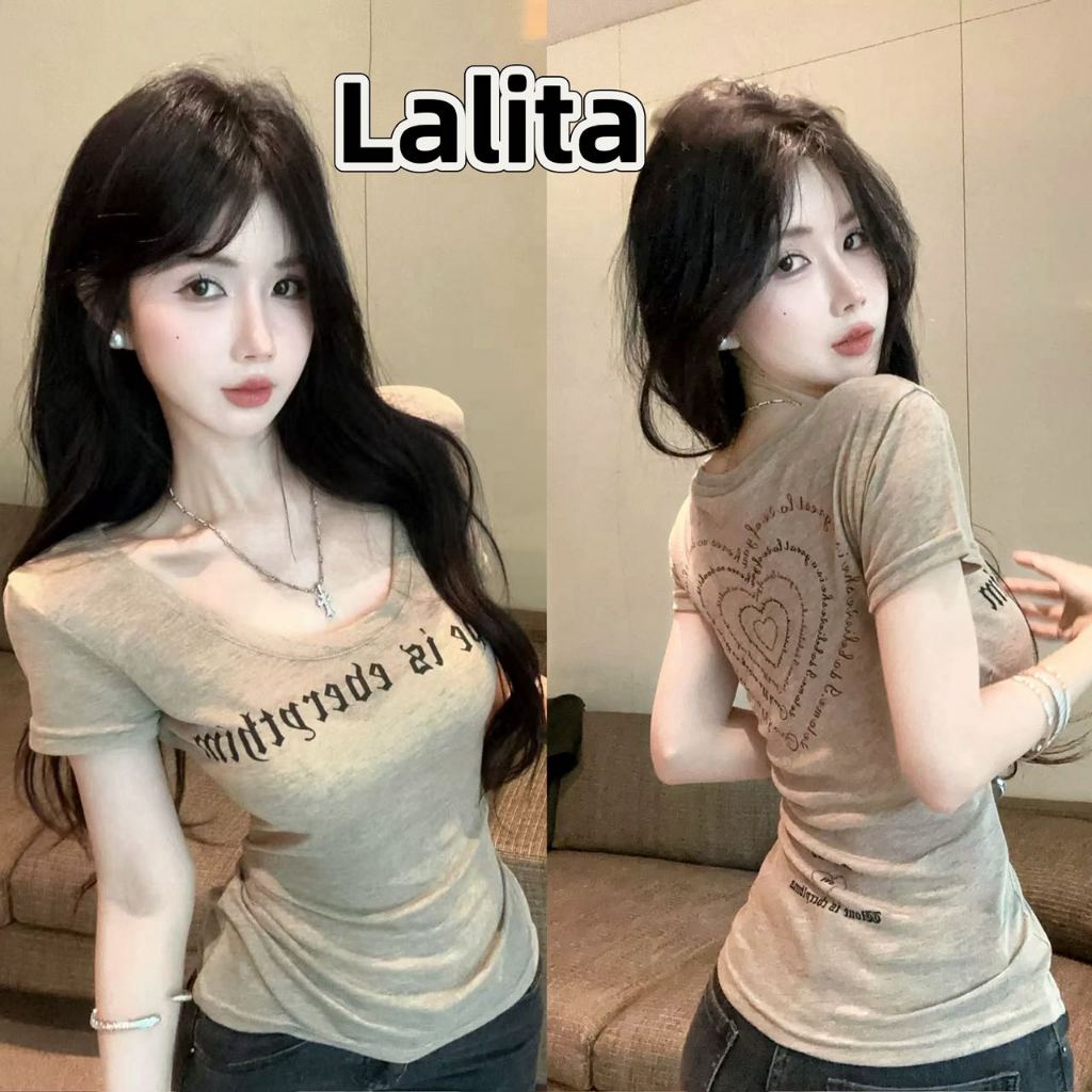 ส่งไวจากไทย เสื้อยืดผู้หญิง เสื้อเเขนสั้นผู้หญิง พิมพ์ลายอักษร เข้ากับทุกสไตล์ Lalita