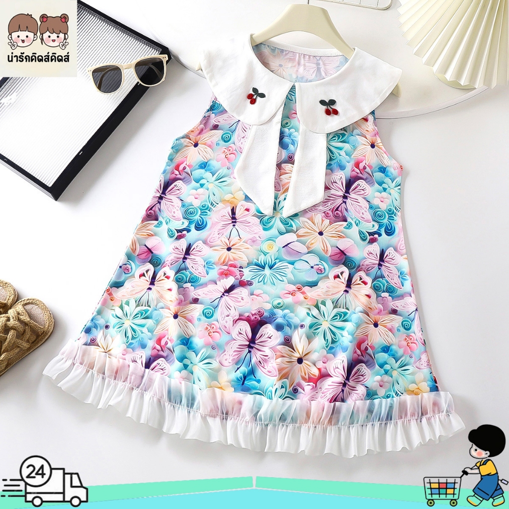 ชุดเดรสลายดอกไม้สำหรับเด็กผู้หญิง ชุดเดรสเด็กผู้หญิง สไตล์เกาหลี ผ้าเย็นสบาย ยืดหยุ่นดี