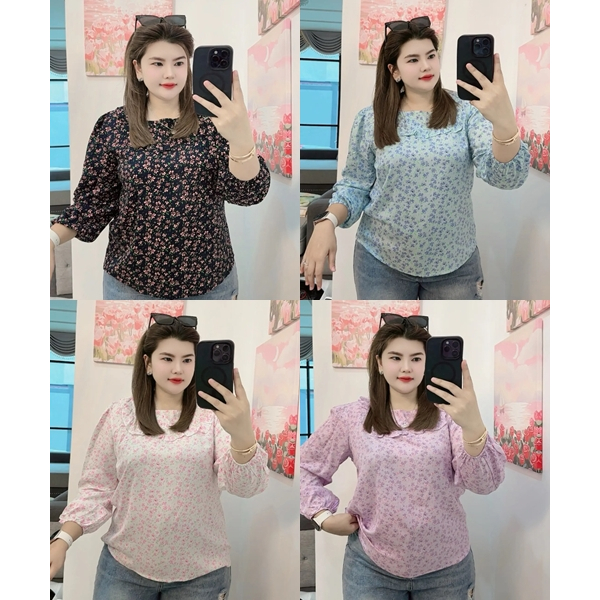 B74 คอเหลี่ยมลายดอกสีสันแขนจั๊ม อก44 48 52