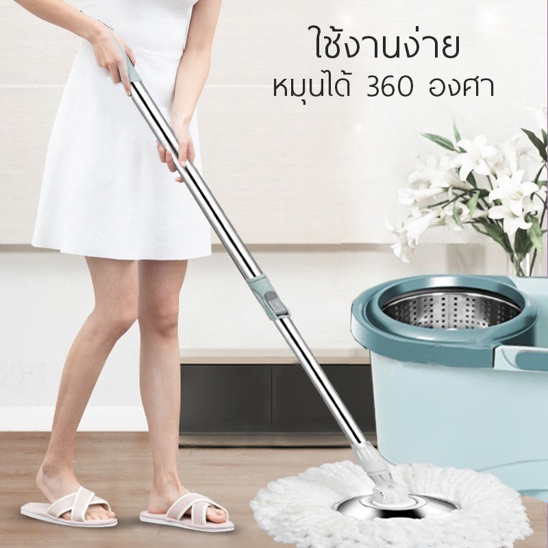 ชุดถังปั่นไม้ถูพื้น Spin Mop พร้อมถังปั่นและผ้า 10 ผืน ไม้ถูพื้น ม็อบถังปั่น ไม้ถูพื้นพร้อมถัง - 2
