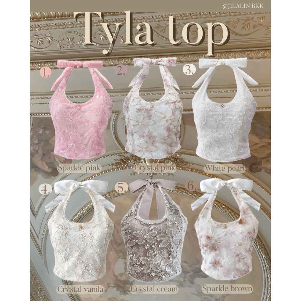 🎠Tyla top🎠 (พร้อมส่ง) เสื้อปักเลื่อม ผูกคอ สม็อคหลัง (450.-) JILALIN.BKK