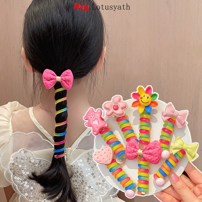 เชือกรัดผมสีลูกกวาด  เชือกรัดผมหางม้าแบบผูกสำหรับผู้หญิง เชือกรัดผมแบบสายโทรศัพท์