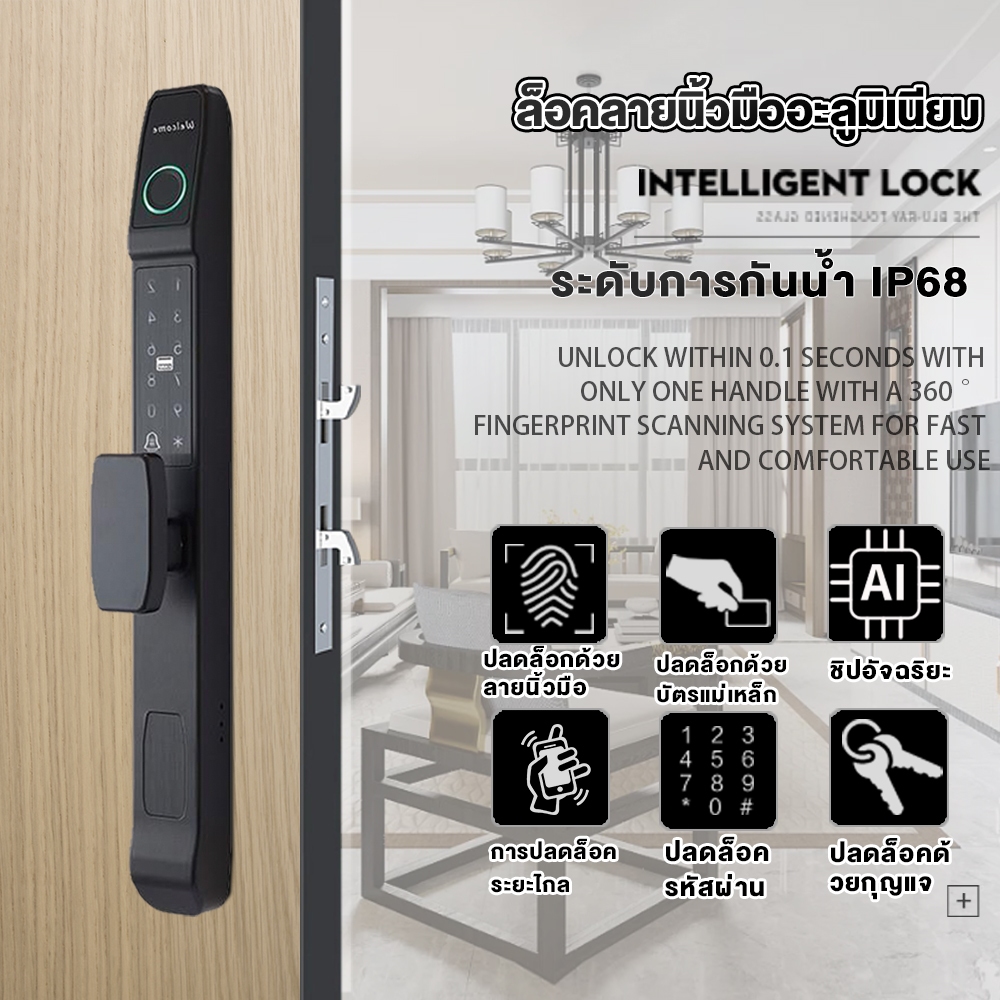 ทูย่ากลอนประตูอัจฉริยะ WiFi ลายนิ้วมือ รหัส การ์ด Tuya Smart Door Lock สั่งงานผ่านAPP