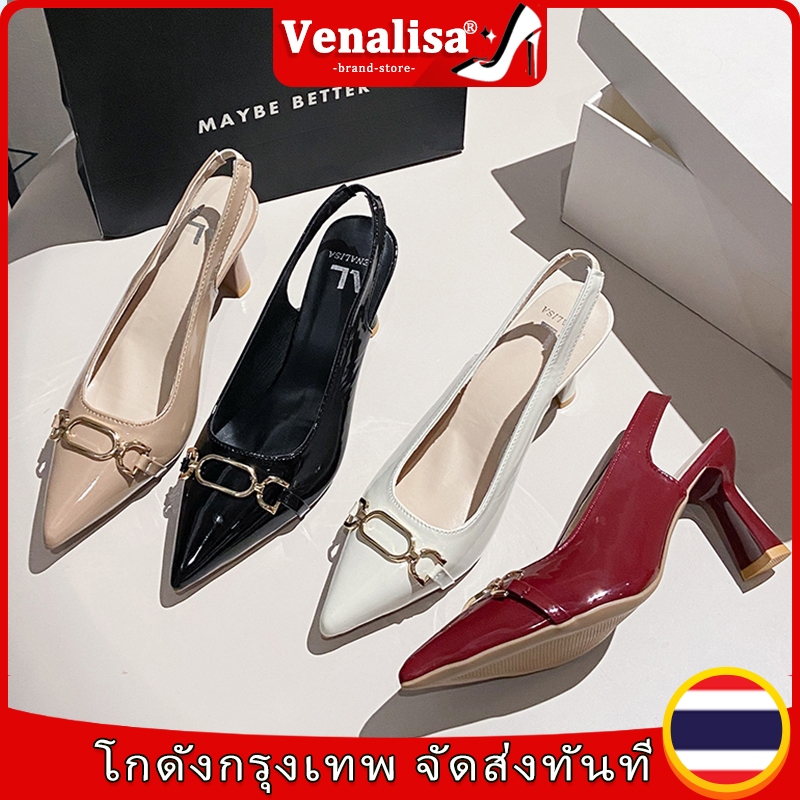 Venalisa รองเท้าส้นสูงผู้หญิง ความสูงส้น 3 นิ้ว ส้นแหลม การตกแต่งโซ่ วัสดุ หนัง เหมาะสำหรับงานออฟฟิศ
