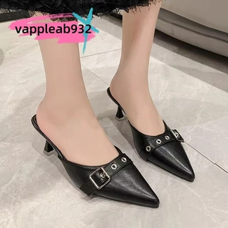 🔥จัดส่งใน24ขั่วโมง🔥รองเท้าแตะหุ้มปลายส้นหนา ✨ แซตินห่วงโซ่ปลายแหลม ราคาถูก
