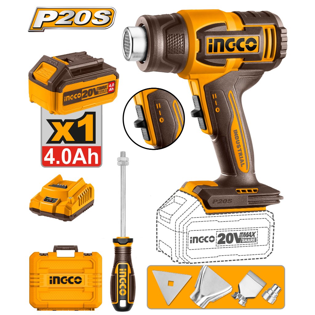 INGCO ปืนเป่าลมร้อนไร้สาย 20V รุ่น HGLI20085 ครบชุดแบต 4ah*2ก้อน+ที่ชาร์จเร็วFCLI20411 (รุ่นใหม่) เครื่องเปล่า HGLI2008