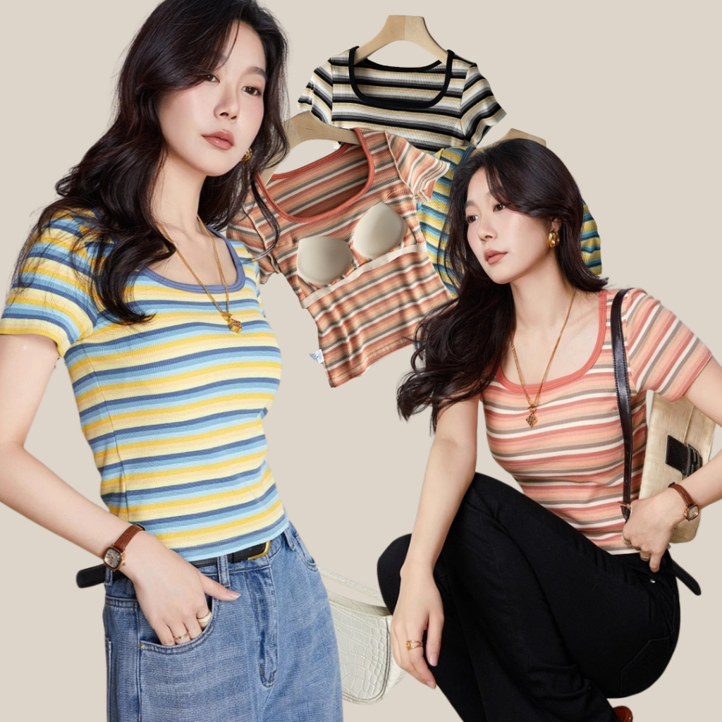 WsimpleBra | Duga Top Shirt เสื้อยืดแขนสั้น คอยู ลายขวาง มีบราในตัว เลิกใส่ชุดชั้นในและซิลิโคลปิดจุก
