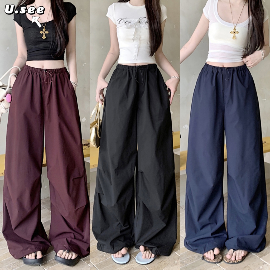 กางเกงคาร์โก้ กางเกงขายาวผู้หญิง ใส่เชือกที่เอว สีทึบ ใส่ได้ทุกหุ่น #1256