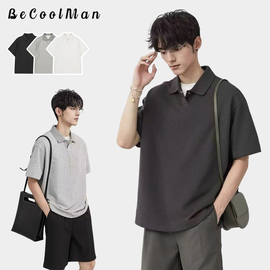 💥BecoolMan💥 ผู้ชาย เรียบง่าย แขนสั้น เสื้อโปโลสีล้วน ผ้าวาฟเฟิลด์ แบบหลวม ปกพับ