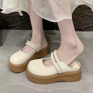 พร้อมส่งจากไทย 【6836】รองเท้าคัทชูทรงหัวโตแต่งไข่มุกมินิมอลหวานซ่อนเปรี้ยว