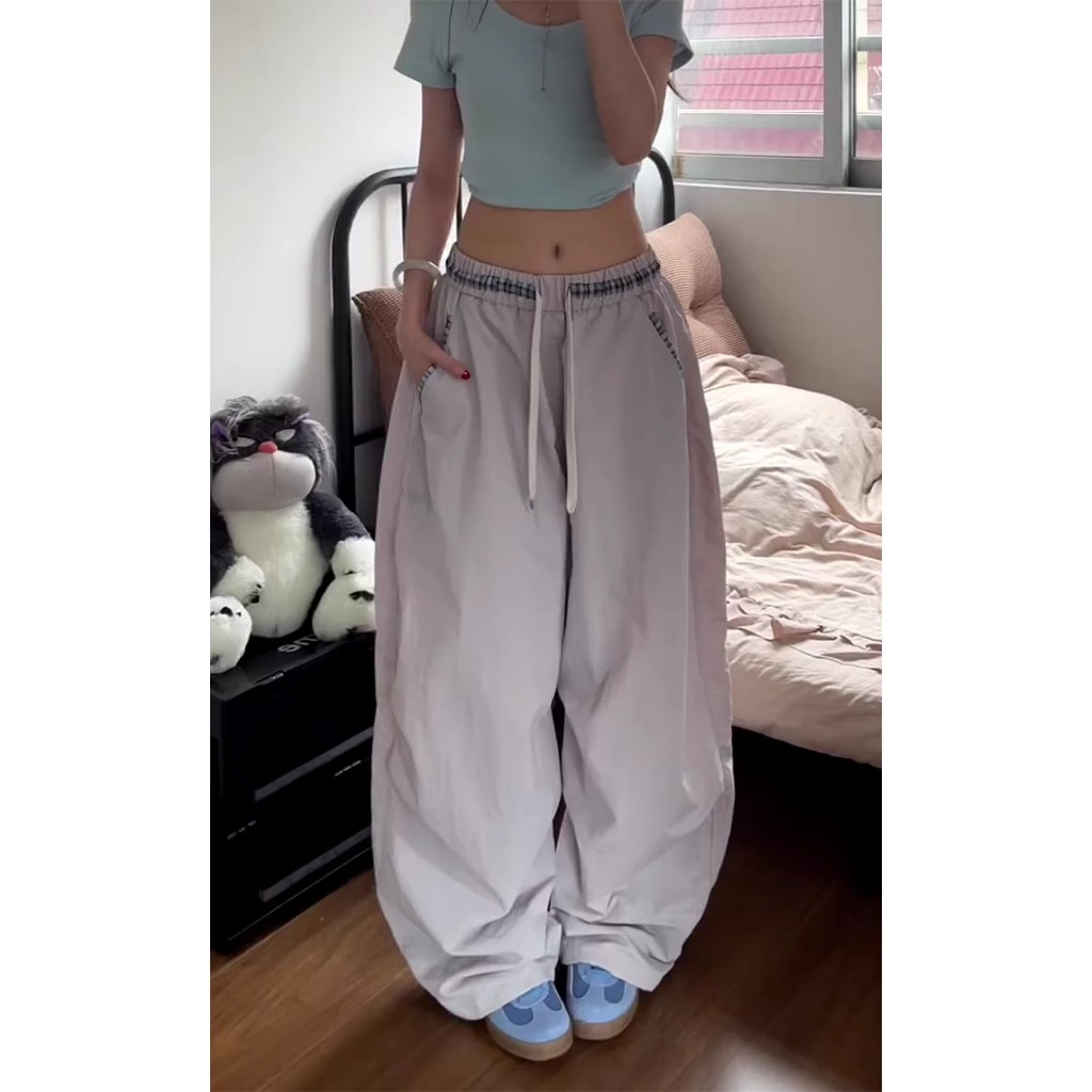 กางเกงเอี๊ยมย้อนยุคสไตล์อเมริกันสำหรับผู้หญิงในช่วงฤดูร้อน กางเกงขายาวทรงหลวมลายสก็อตเย็บติด กางเกงกีฬาลำลอง