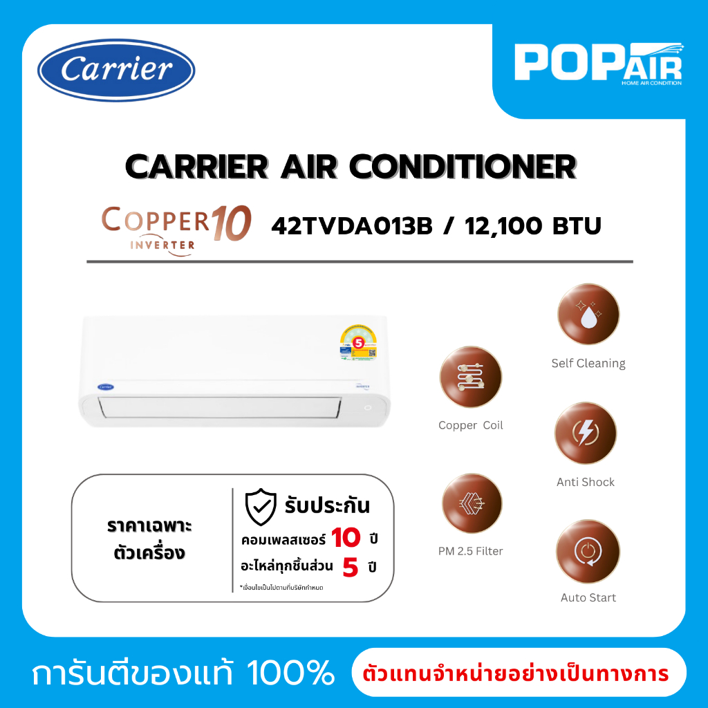 แอร์แคเรียร์ Carrier Copper 10 Inverter 12,000 BTU รุ่น 42TVDA013B ราคาเฉพาะเครื่อง