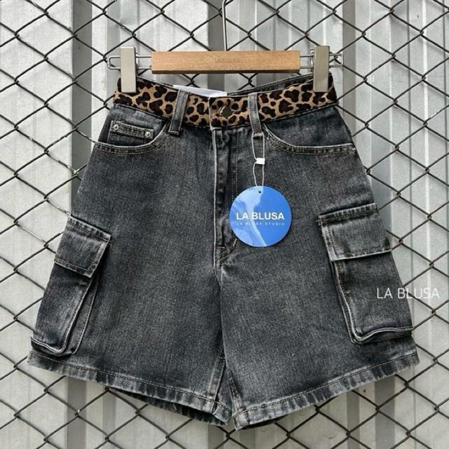 "รหัส L328" กางเกงยีนส์ขาสั้นคาร์โก้ขอบเอวลายเสือ