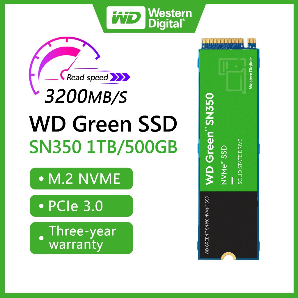 🔥WD SN350 SSD WD GREEN M.2 Pcie3.0 NVME 500GB/1TB/2TB Laptop/PC M.2 2280 SSD 3200MB/S（รับประกันสามปี