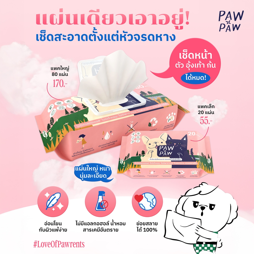 [3แพคใหญ่] พอว์พอว์ ผ้าเปียกสัตว์เลี้ยง เส้นใยธรรมชาติ อ่อนโยน สุนัข แมว (80 แผ่น) PAWxPAW ผ้าเปียกพอว์พอว์ - รูปที่ 2