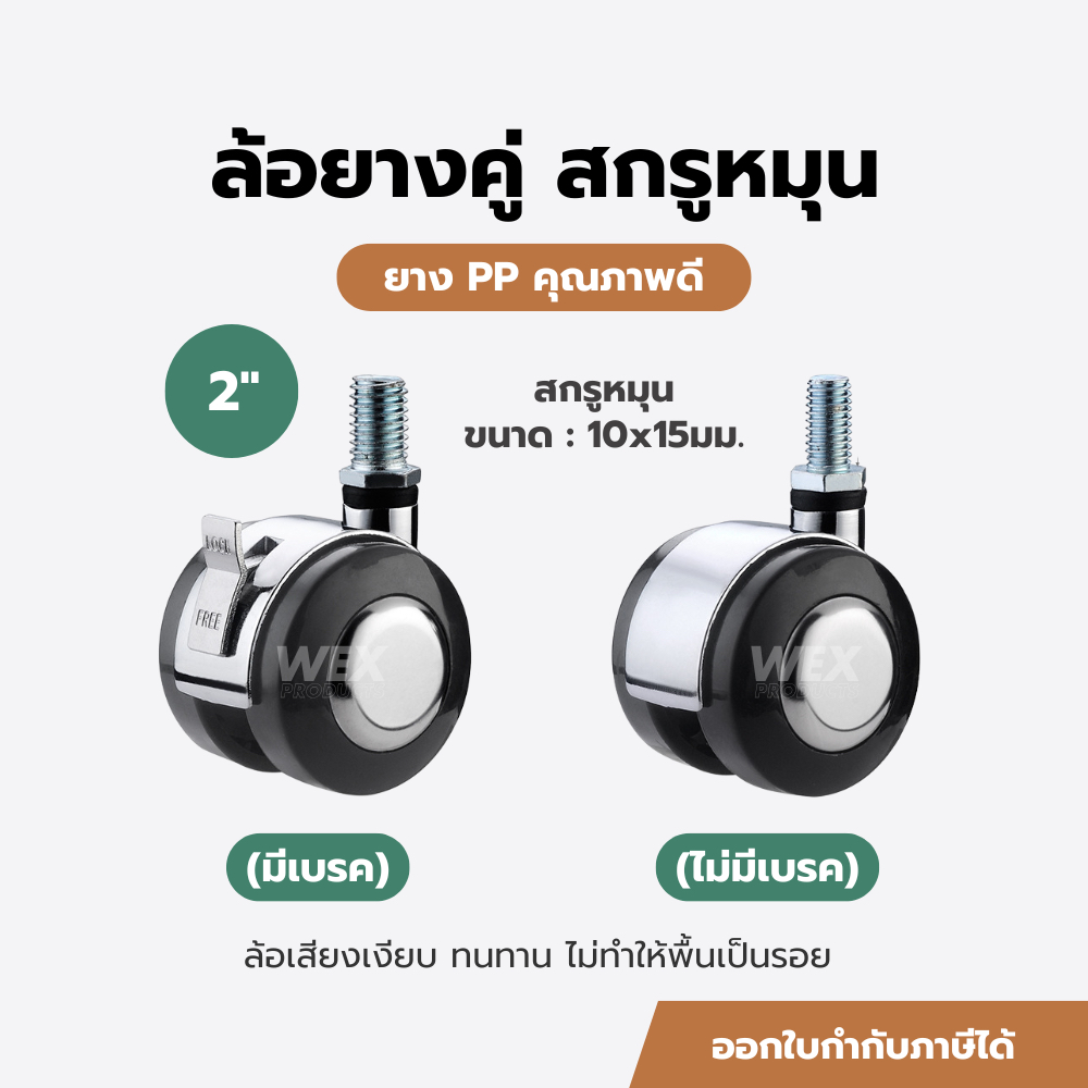 ล้อขนาด 2นิ้ว แบบสกรูหมุน M10x15มม. ยาง PP ล้อเฟอร์นิเจอร์ ล้อเก้าอี้ ล้อรถเข็น