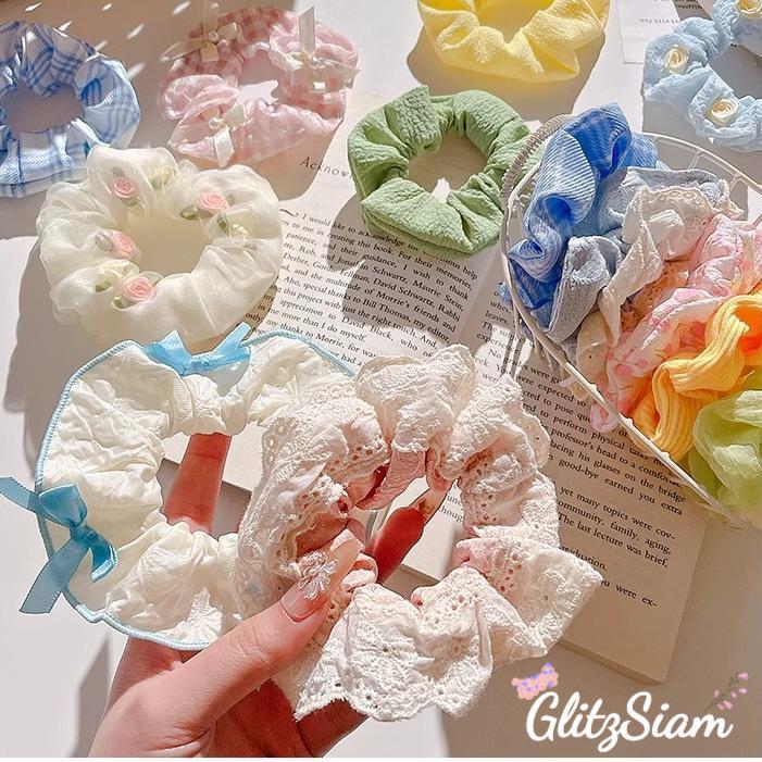 Glitzsiam💮💮ยางรัดผมผู้หญิงแบบใหม่ เครื่องประดับผมลายดอกไม้ หลากหลายสไตล์ให้เลือก ราคาประหยัด สดใหม่และน่ารัก.