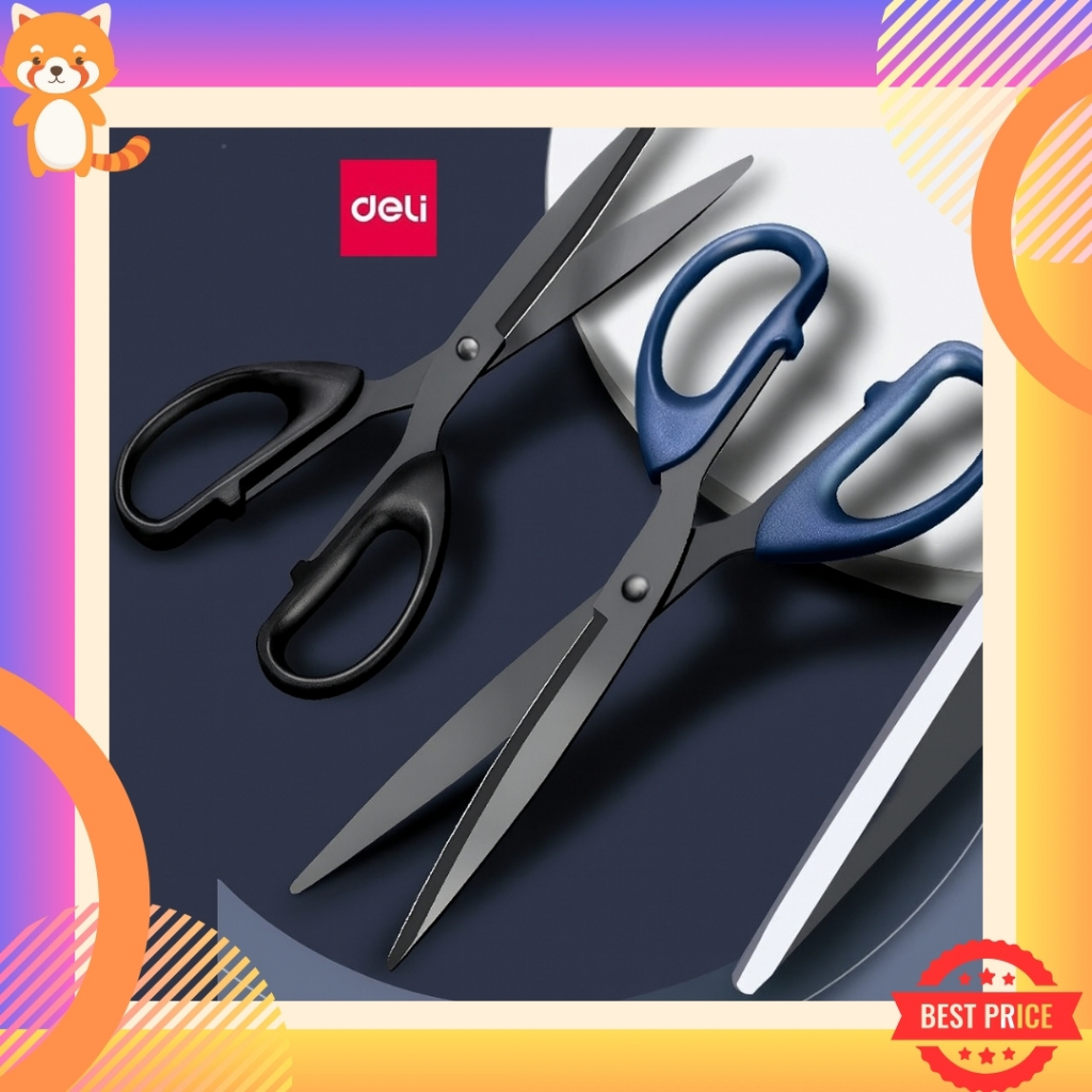 Deli กรรไกร กรรไกรตัดกระดาษ กรรไกรใบมีดสีดำ ทำจากสแตนเลส ตัดไม่ติด ตัดลื่น กันน้ำได้ ใช้ในบ้าน ออฟฟิศ​