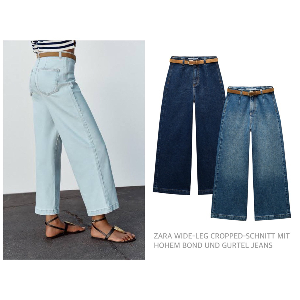 ZARA กางเกงยีนส์ ทรงขากระบอกกว้างแบบครอป  WIDE-LEG CROPPED-SCHNITT MIT HOHEM BOND UND GURTEL JEANS (
