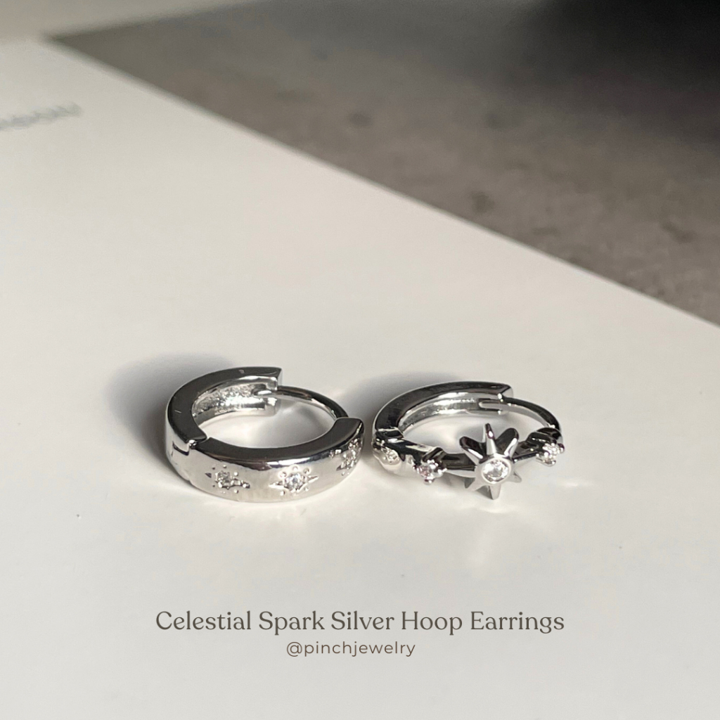 Pinch Celestial Spark Silver  Hoop Earrings ต่างหูห่วงดาวเงินประดับเพชร ก้านเงินแท้ S925
