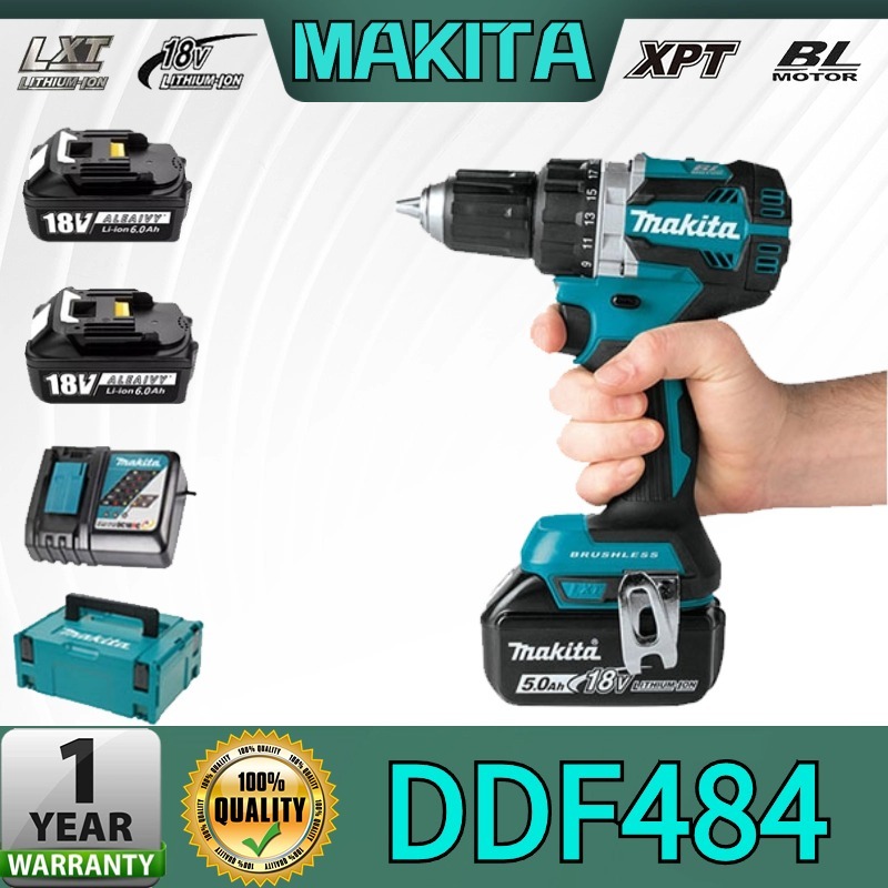 Markita DDF484 ไขควงไฟฟ้าแบบชาร์จไฟได้, สว่านไร้แปรงถ่าน, สว่านแบบพกพา 18V พร้อมแบตเตอรี่ลิเธียม 6.0