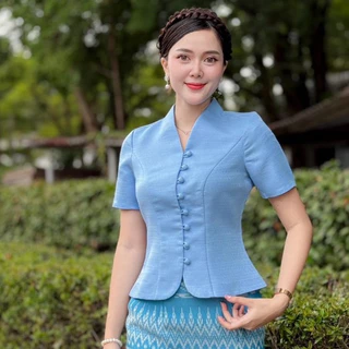 H-NA (ขายแยก)💓💓 ชุดผ้าไทยสีฟ้า เสื้อคอปีนไหมม่อนแขนสั้น กระดุมหน้า +ผ้าถุงแบบสำเร็จรูปผ้าฝ้ายทอป้ายสำเร็จรูป