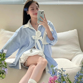 พร้อมส่ง✈️NovaMode🌸เสื้อเชิ้ตลายทางสีฟ้าอ่อนโยน + แถมเนคไทกุ…