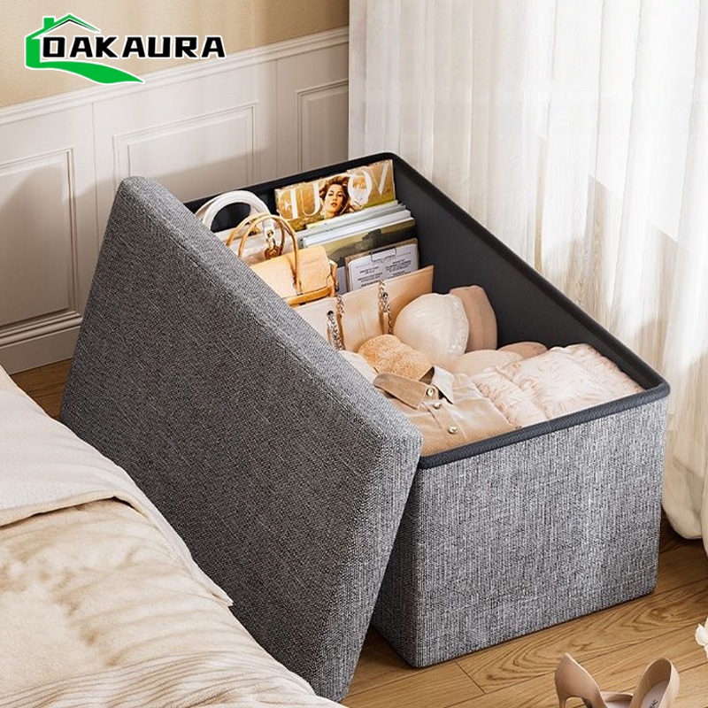 กล่องเก็บของผ้าลินิน สตูลโซฟา กล่องใส่ของ ขนาดใหญ่ พับได้ แข็งแรง สำหรับห้องนอน/ห้องนั่งเล