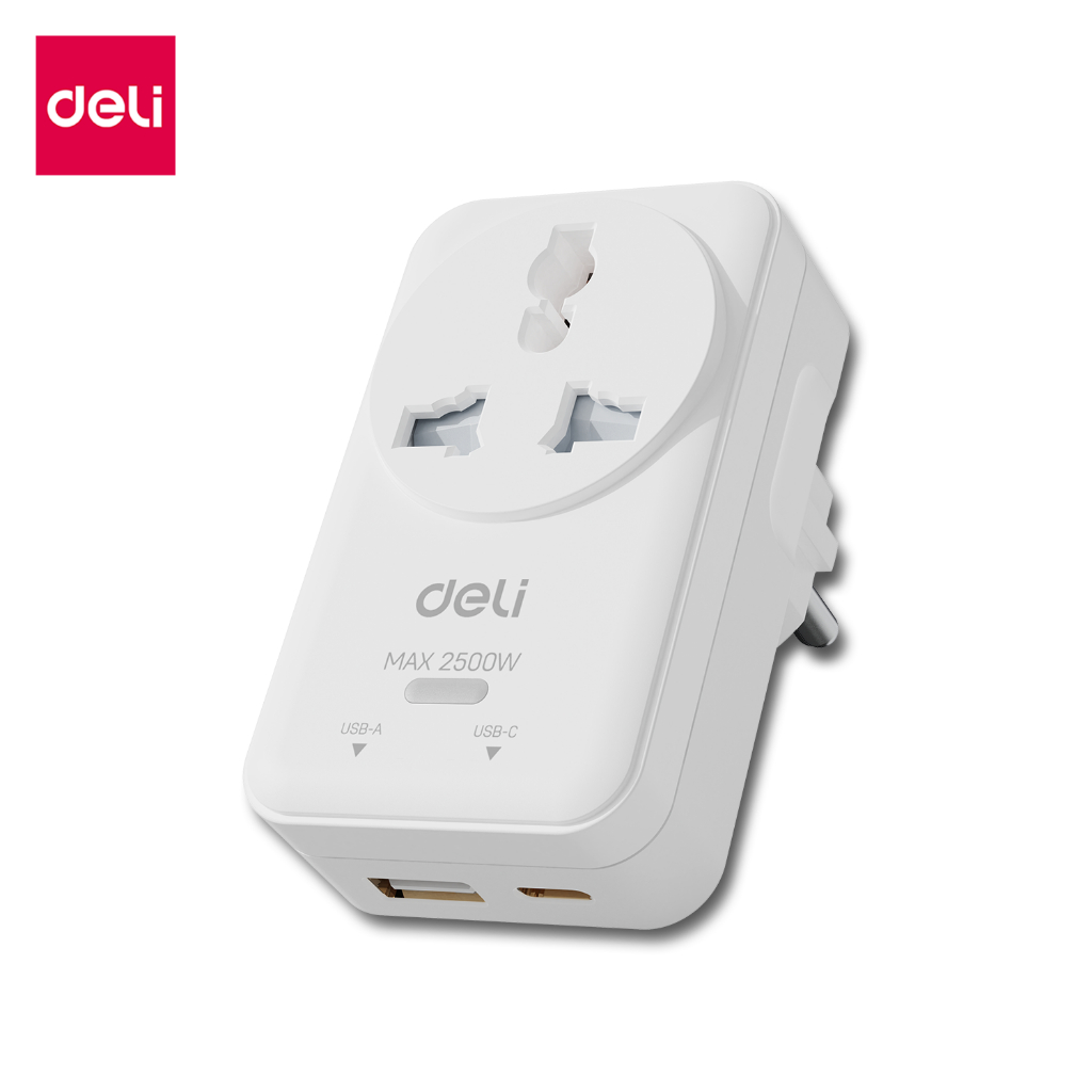 Deli หัวแปลงปลั๊ก ปลั๊กแปลง USB-A/USB-C ชาร์จเร็ว 12W 20W ทนร้อน ไฟสูงสุด 2500W Universal Adapter