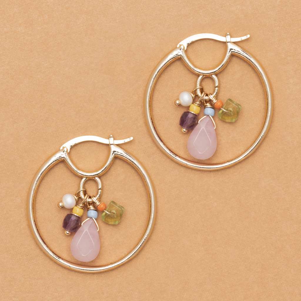 ETERNAL LOVE ROSE QUARTZ DROP EARRINGS-ต่างหูหินโรสควอตซ์ ทรงกลม