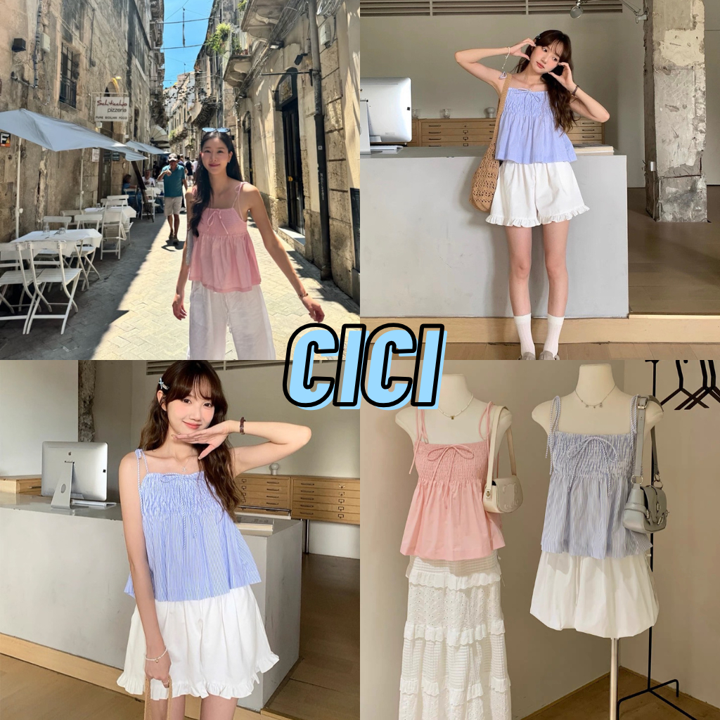 ส่งทันที Cici(NO. J2208) เสื้อสายเดี่ยวอกสม็อครอบตัว สายผูกเอง กิมมิคมีโบว์ตรงกลาง สีสันสวยสดใส น่ารัก