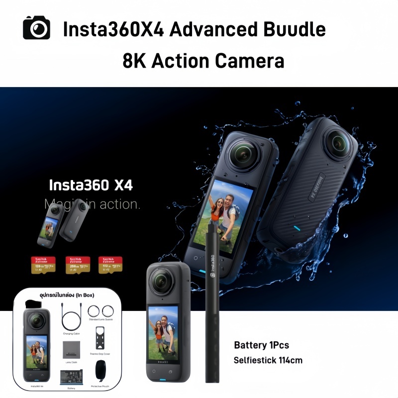 【 รับประกัน 1 ปี】Insta360 X4 8K 360 Action Camera ADVANCED BUNDLE K/30fps, 5.7K/60fps Battery 2290mA