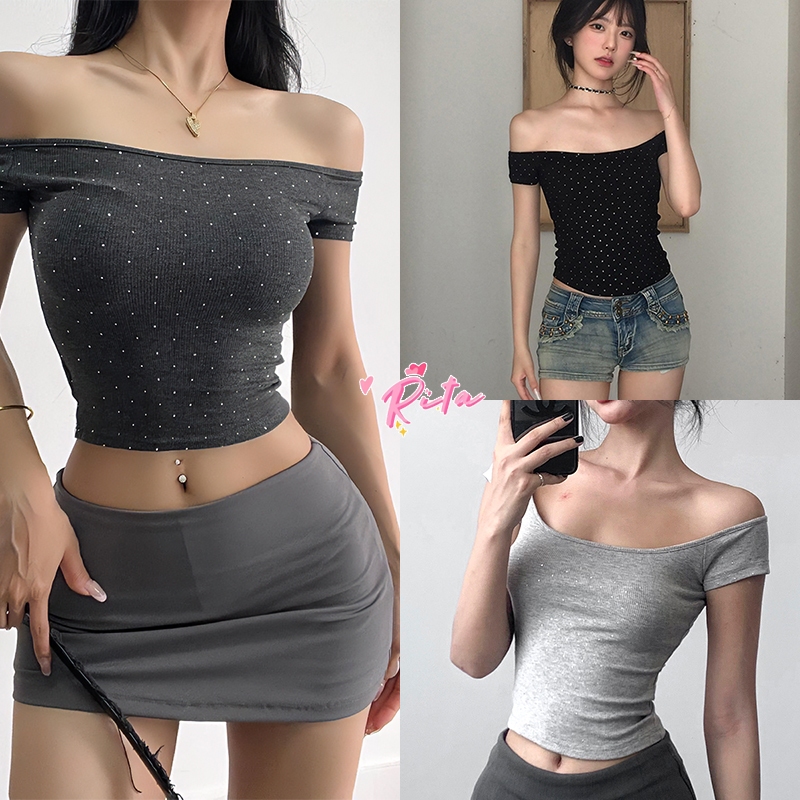 Rita พร้อมส่ง🍒เสื้อปาด​ไหล่ เสื้อยืด🍒ติดเพชรสะท้านแสงทั้งตัว รัดรูป เสื้อเชิ้ตแขนสั้นเซ็กซี่ สะดือ แขนสั้น สาวฮอต